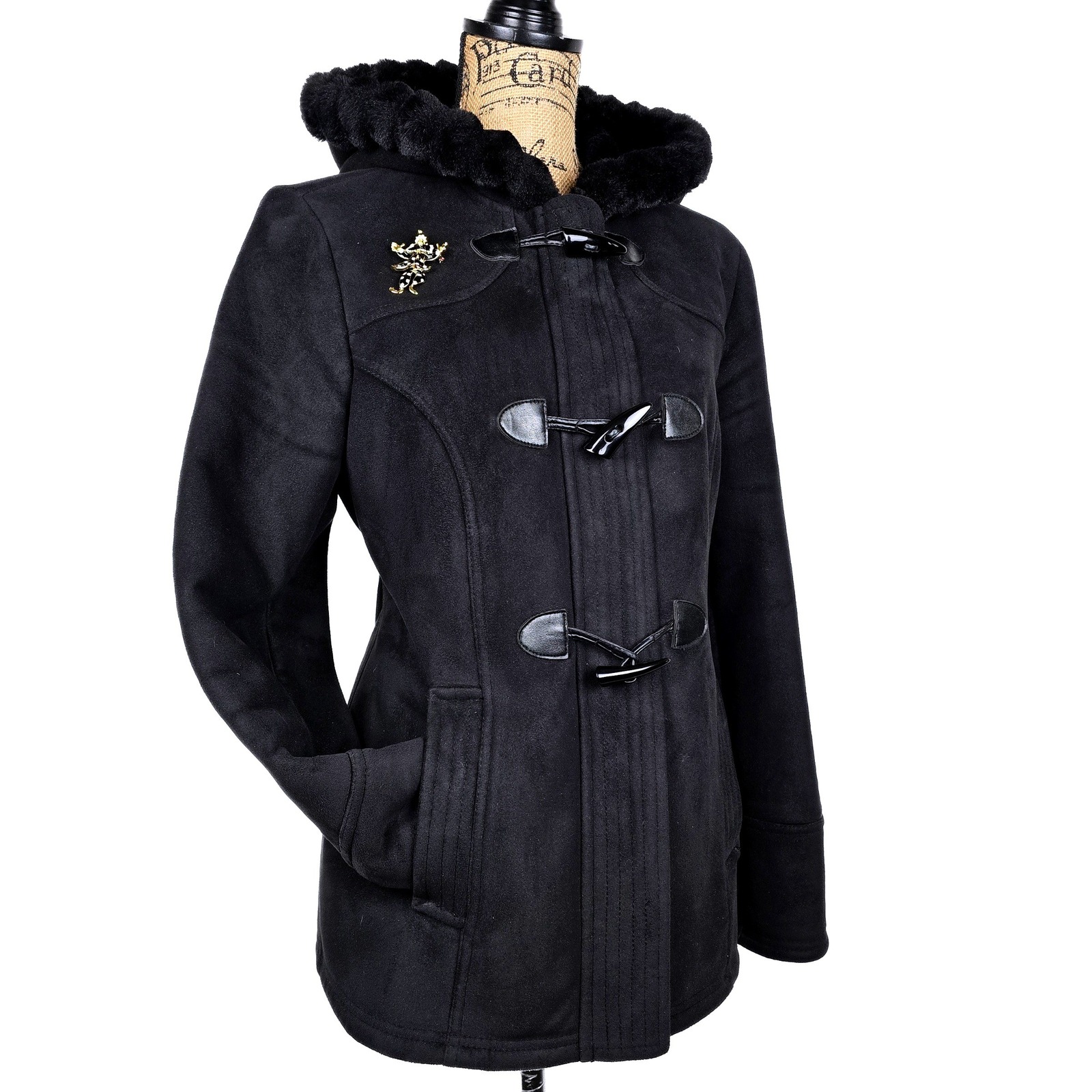 Croft & Barrow Womens Black Faux Suede Duffle Coat Toggle Hooded Jester Brooch M
